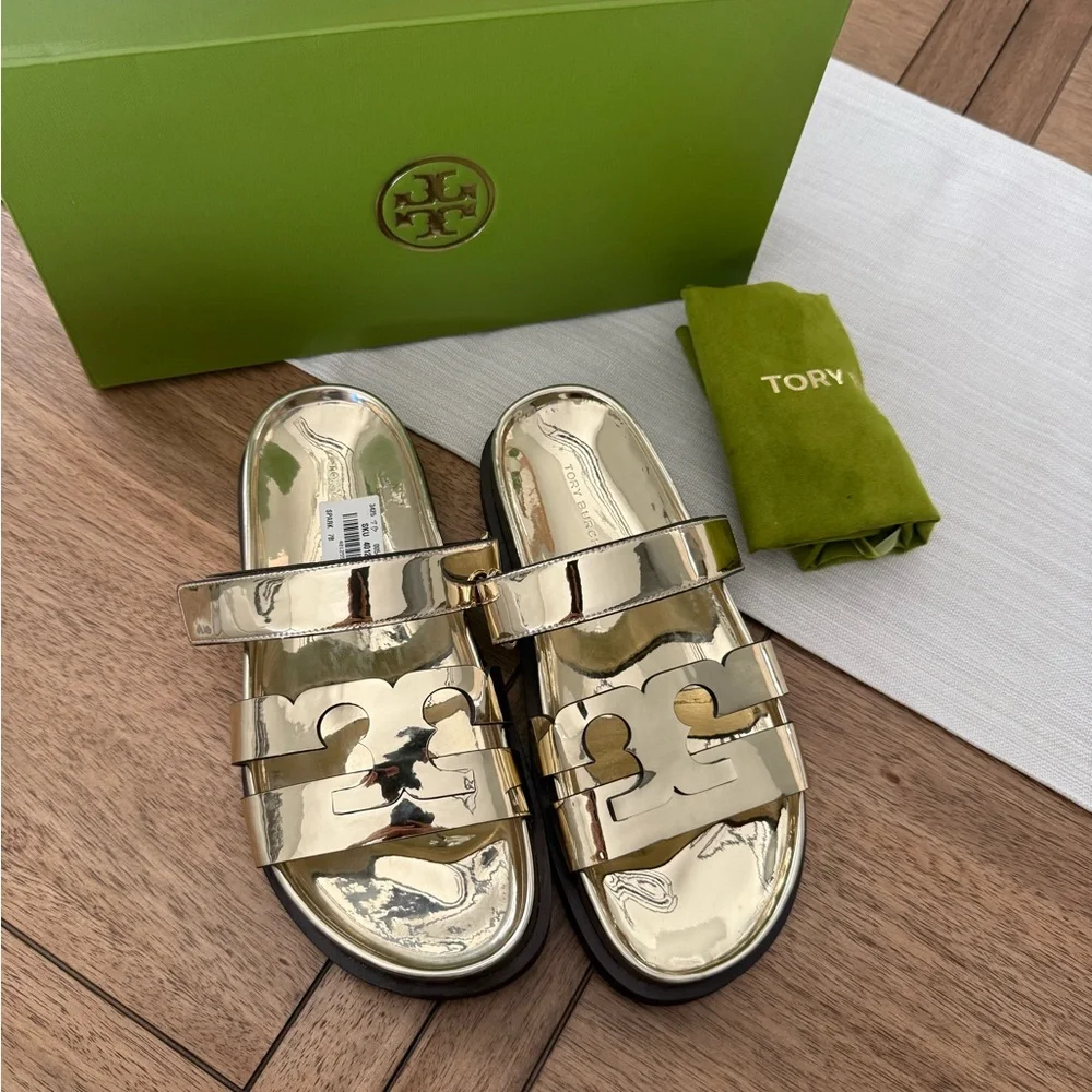 NWT Tory Burch spark Gold Metallic ines sport slide mirrored Sandals